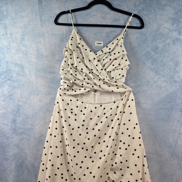 Lush Polka Dot Cutout Midi Dress White Black Ruffle Surplice Womens Size Medium - Picture 4 of 7